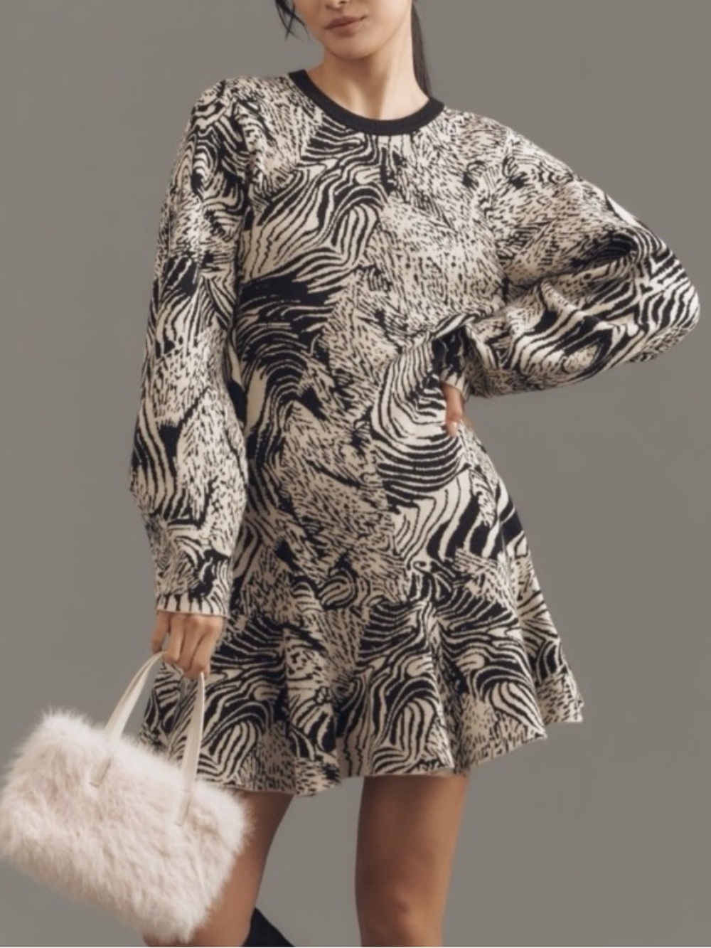 Anthropologie 3/4 sleeve ruffle sweater knit mini dress abstract zebra sz XS
